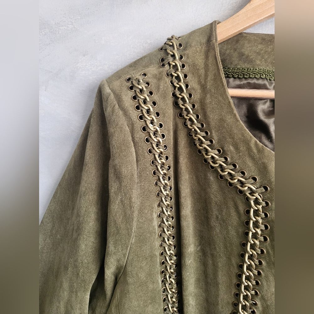 BRADLEY BY BRADLEY BAYOU SOFT SUEDE JACKET CHAIN DETAIL Sz 2X OLIVE GREEN $250 - Picture 3 of 11